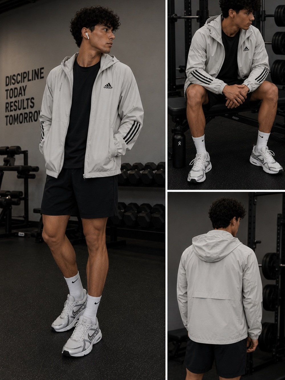 adidas Light Gray Hooded Windbreaker with Black Stripes